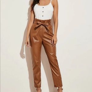 Paper bag waist belted leather pants